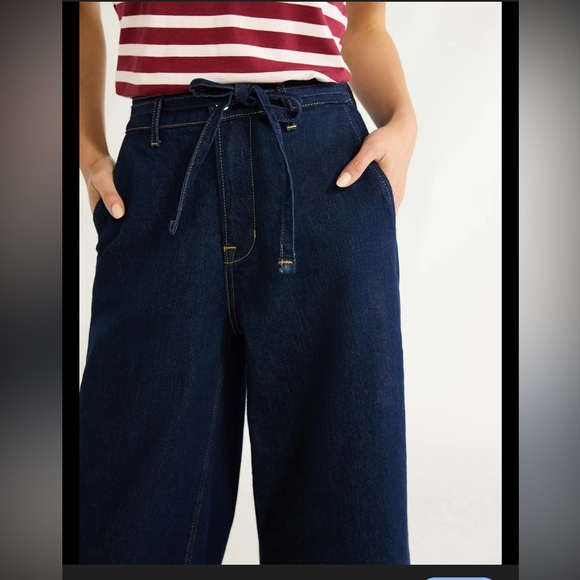 High-Rise Wide Leg Denim Jeans in Dark Blue with Tie Waist - Picture 2 of 15